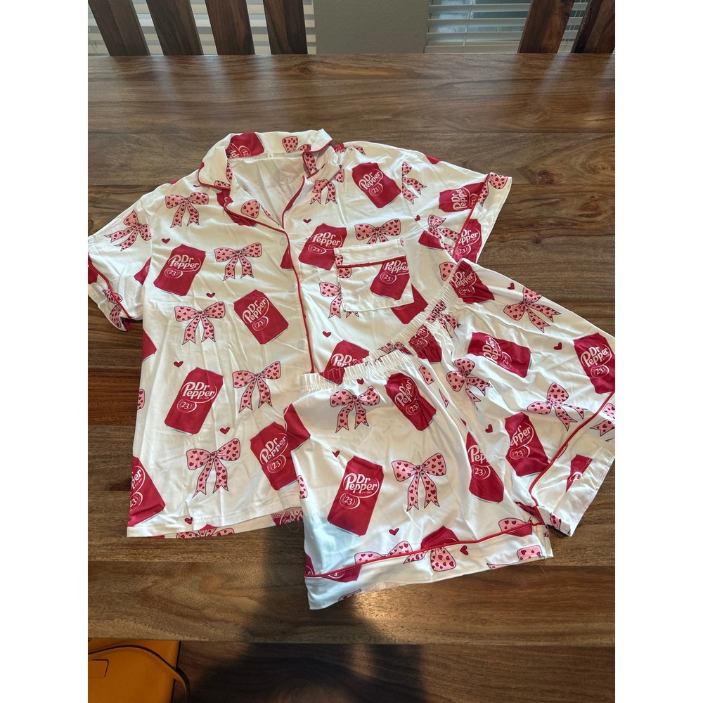 Dr Pepper Soda Bows Hearts Pajama Set Womens Large Short Sleeve Button Up Shorts